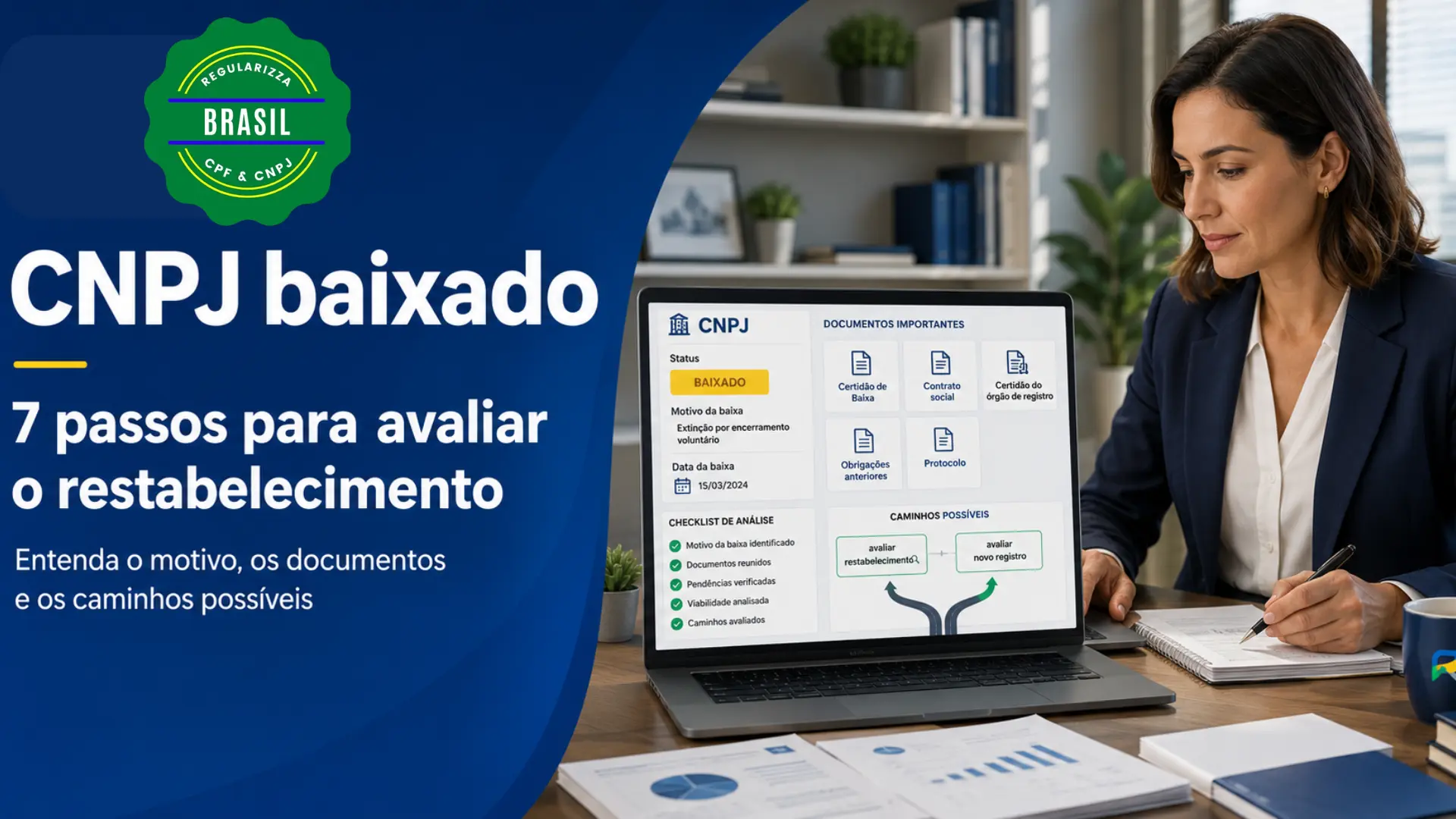 CNPJ baixado com consulta do motivo e análise de possível restabelecimento pela Regularizza Brasil