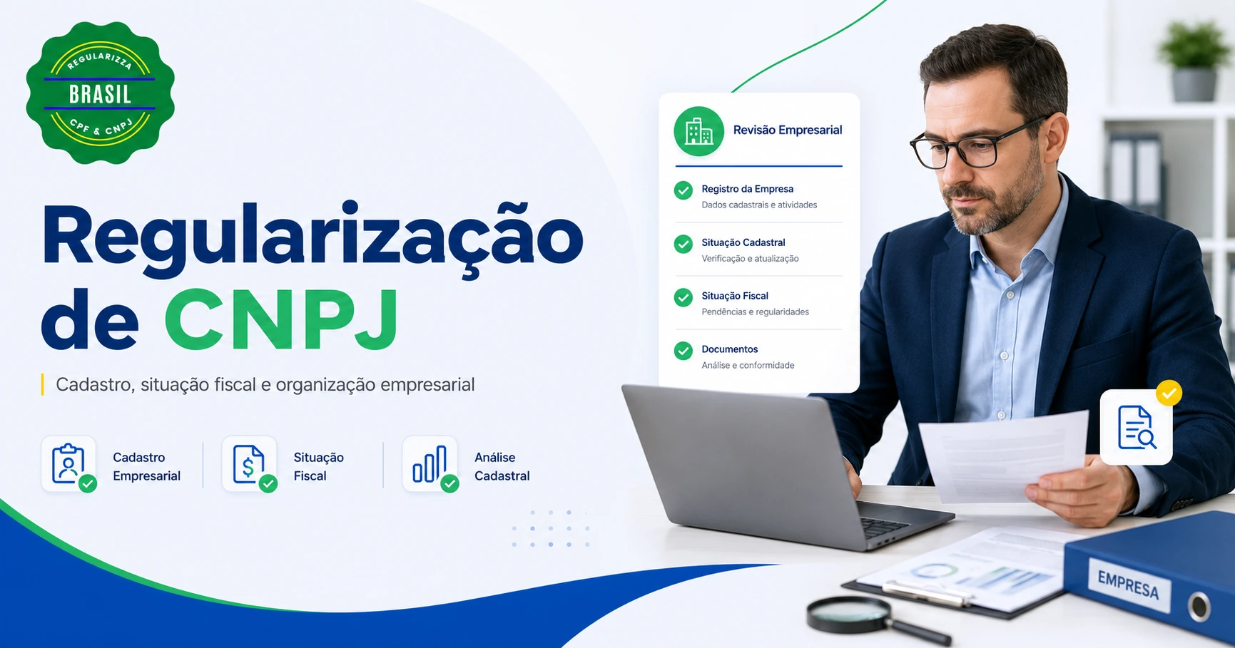 Regularização de CNPJ com atendimento administrativo e organização de documentos empresariais